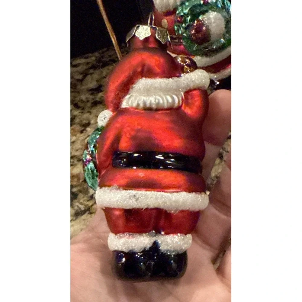 Santa Claus Glass Christmas Holiday Tree‎ Ornaments Set Of 2 Wreath Vintage
